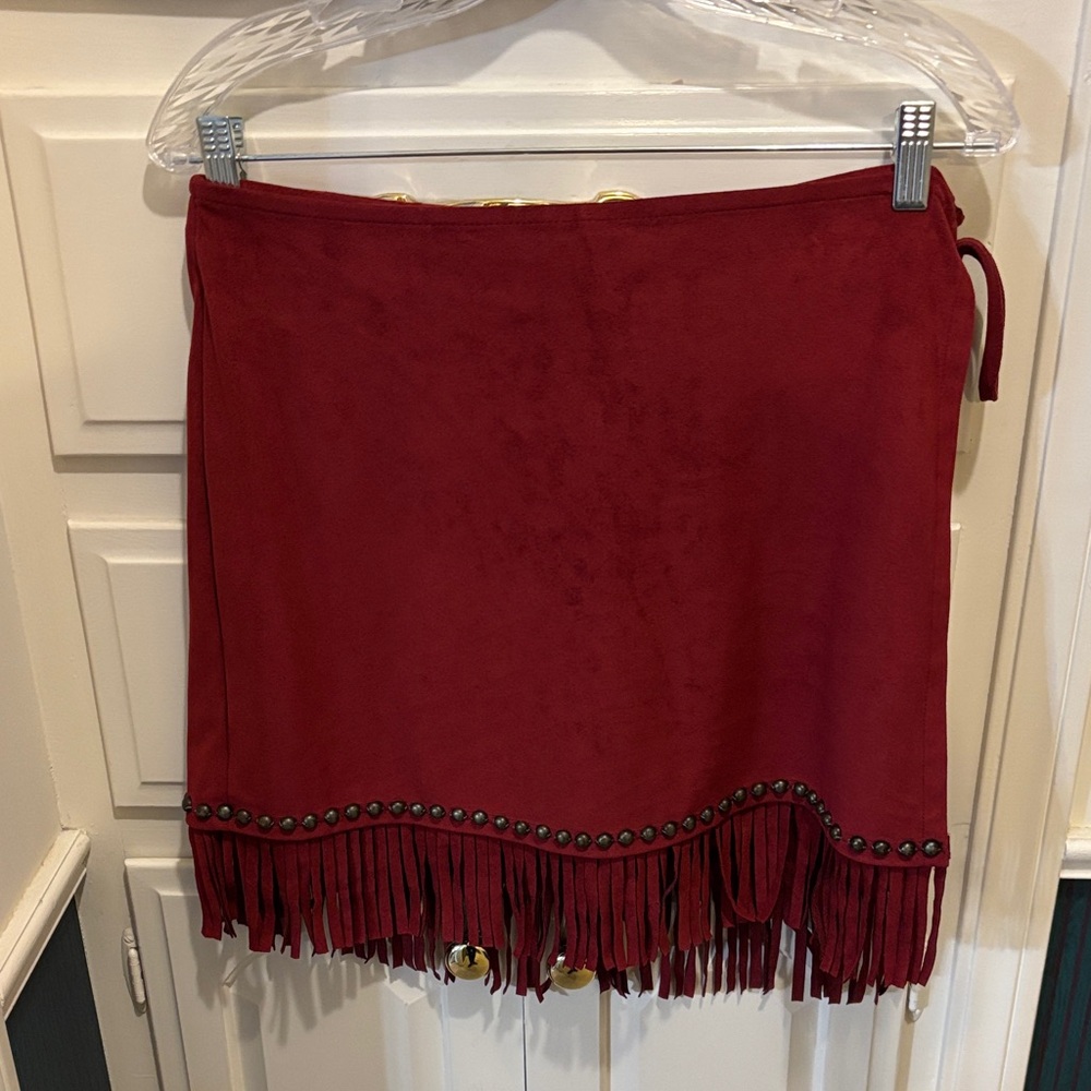 Double D Ranch Red Suede Mini Skirt with Fringe